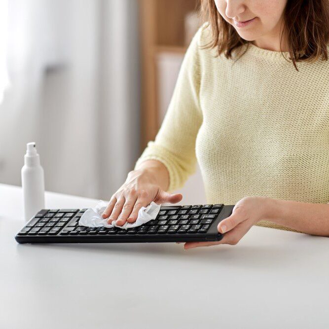 Woman wiping computer keyword with cleaning cloth.