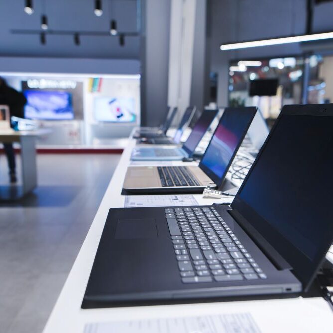 Row of premium laptops available at a computer store.