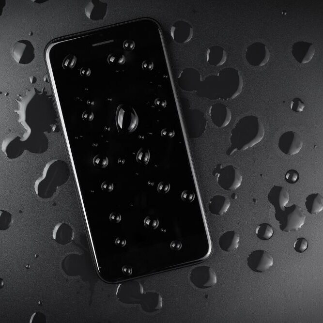 An iPhone with water droplets on the screen.